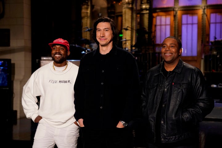 Kanye West, Adam Driver, Kenan Thompson in Studio 8H during a promo.