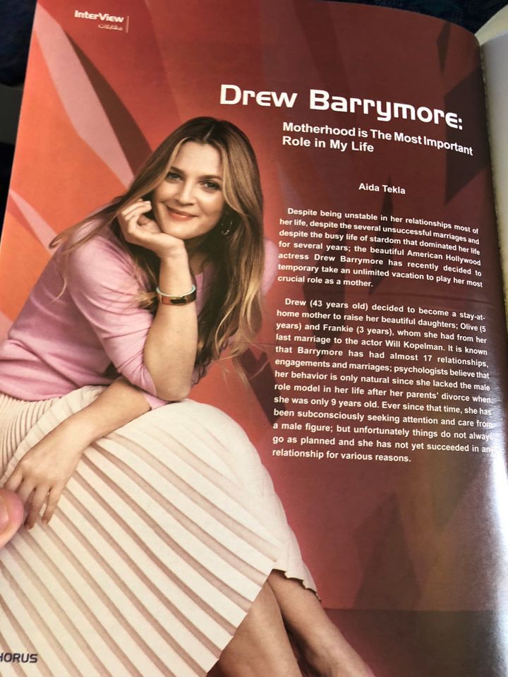 Adam Baron's photo of a fake interview with Drew Barrymore in EgyptAir's in-flight magazine, Horus.