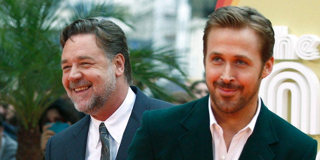 Actors Ryan Gosling and Russell Crowe (L) arrive at the UK Premiere of Nice Guys at a cinema in central London, Britain, May
