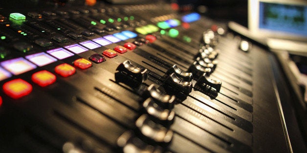 Audio mixing desk in use