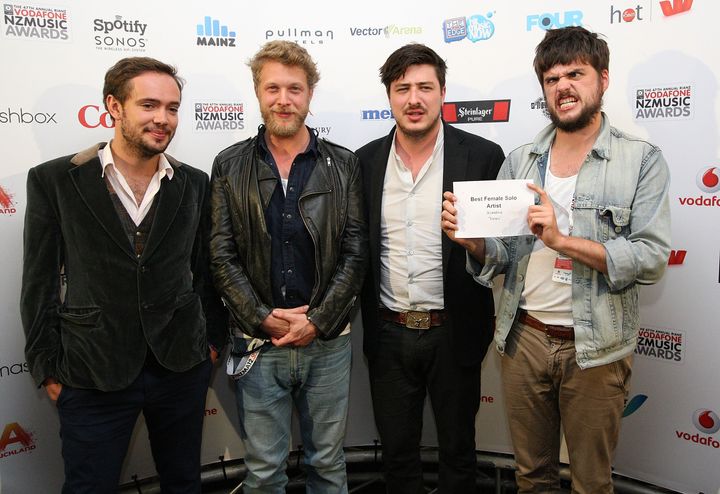 AUCKLAND, NEW ZEALAND - NOVEMBER 01: Mumford and Sons (L-R) Ben Lovett, Ted Dwane, Marcus Mumford and Country Winston-Marshall pose after presenting awards during the 2012 Vodafone New Zealand Music Awards at Vector Arena on November 1, 2012 in Auckland, New Zealand. (Photo by Fiona Goodall/Getty Images)
