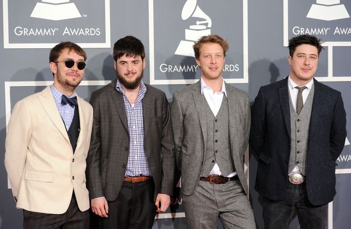 LOS ANGELES, CA - FEBRUARY 12: (L-R) Ben Lovett, Winston Marshall, Ted Dwane, and Marcus Mumford of Mumford & Sons arrive at the 54th Annual GRAMMY Awards held at Staples Center on February 12, 2012 in Los Angeles, California. (Photo by Jason Merritt/Getty Images)