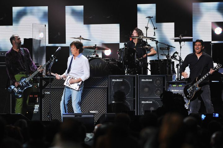 NEW YORK, NY - DECEMBER 12: Krist Novoselic, Sir Paul McCartney, Dave Grohl, and Pat Smear perform at '12-12-12' a concert benefiting The Robin Hood Relief Fund to aid the victims of Hurricane Sandy presented by Clear Channel Media & Entertainment, The Madison Square Garden Company and The Weinstein Company at Madison Square Garden on December 12, 2012 in New York City. (Photo by Larry Busacca/Getty Images for Clear Channel)