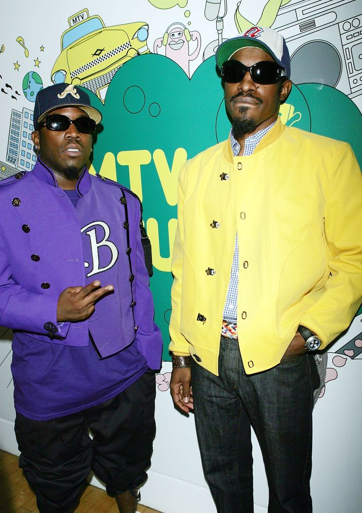 NEW YORK - AUGUST 22: (U.S. TABS OUT) Actor/rappers Antwan A. (Big Boi) Patton (L) and Andre (Andre 3000) Benjamin of Outkast pose backstage during MTV's Total Request Live at the MTV Times Square Studios on August 22, 2006 in New York City. (Photo by Scott Gries/Getty Images)