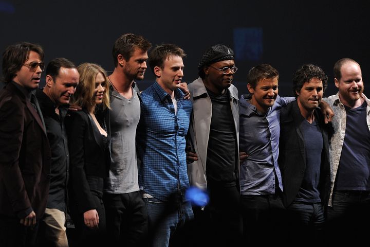 SAN DIEGO - JULY 24: (L-R) Actors Robert Downey Jr., Clark Gregg, Scarlett Johansson, Chris Hemsworth, Chris Evans, Samuel L. Jackson, Jeremy Renner, Mark Ruffalo and writer/Director Joss Whedon pose onstage at the Marvel Studios' 'Captain America: The First Avenger' panel during Comic-Con 2010 at San Diego Convention Center on July 24, 2010 in San Diego, California. (Photo by Kevin Winter/Getty Images)