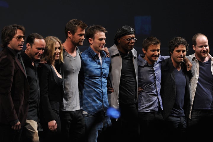 SAN DIEGO - JULY 24: (L-R) Actors Robert Downey Jr., Clark Gregg, Scarlett Johansson, Chris Hemsworth, Chris Evans, Samuel L. Jackson, Jeremy Renner, Mark Ruffalo and writer/Director Joss Whedon pose onstage at the Marvel Studios' 'Captain America: The First Avenger' panel during Comic-Con 2010 at San Diego Convention Center on July 24, 2010 in San Diego, California. (Photo by Kevin Winter/Getty Images)