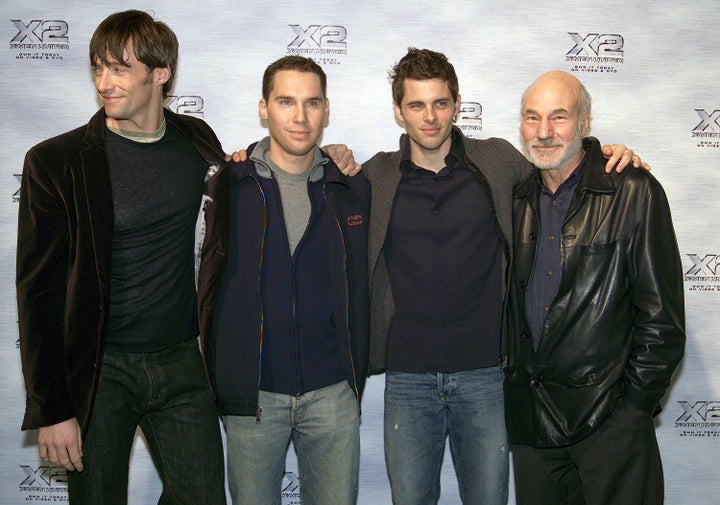 NEW YORK - NOVEMBER 24: (U.S. TABLOIDS AND HOLLYWOOD REPORTER OUT) Actors Hugh Jackman, Bryan Singer, James Marsden and Patrick Stewart arrive for the DVD release of 'X2,' the $215 million blockbuster hit, at Club 40/40 November 24, 2003 in New York City. (Photo by Adam Rountree/Getty Images)