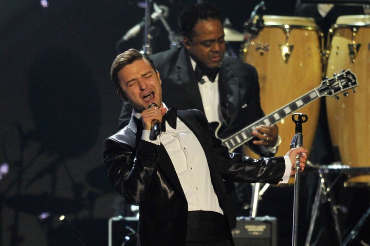 LONDON, ENGLAND - FEBRUARY 20: Justin Timberlake performs on stage during the Brit Awards 2013 at the 02 Arena on February 2