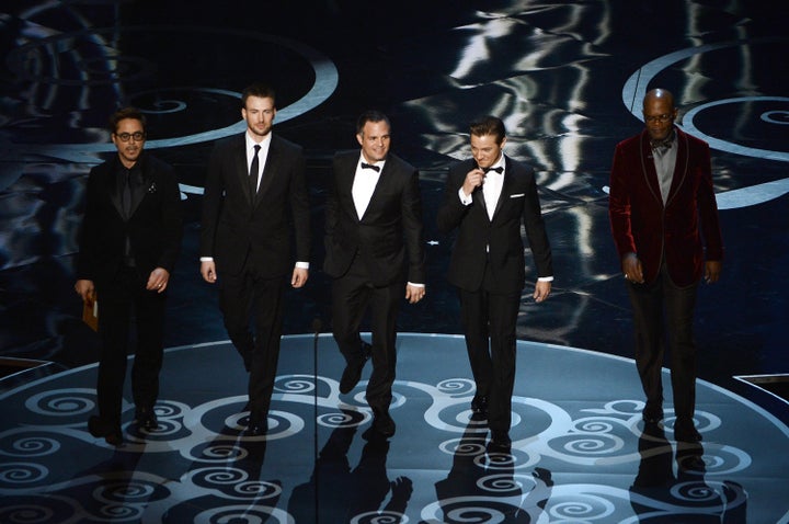 HOLLYWOOD, CA - FEBRUARY 24: Actors Robert Downey Jr., Chris Evans, Mark Ruffalo, Jeremy Renner and Samuel L. Jackson present onstage during the Oscars held at the Dolby Theatre on February 24, 2013 in Hollywood, California. (Photo by Kevin Winter/Getty Images)