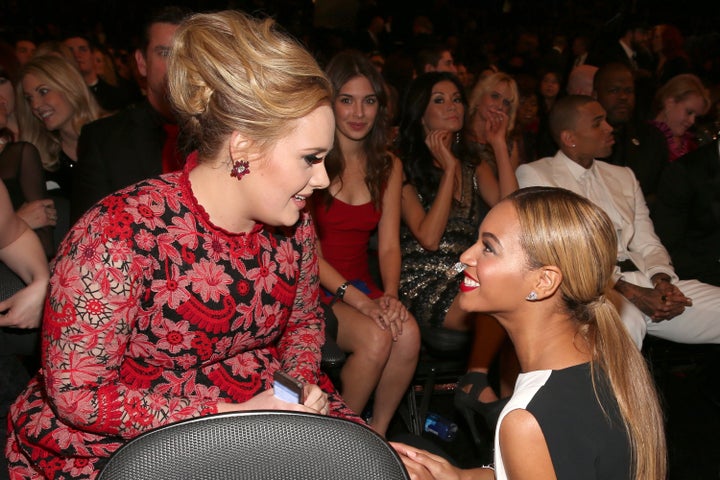 LOS ANGELES, CA - FEBRUARY 10: Singers Adele (L) and Beyonce attend the 55th Annual GRAMMY Awards at STAPLES Center on February 10, 2013 in Los Angeles, California. (Photo by Christopher Polk/Getty Images for NARAS)