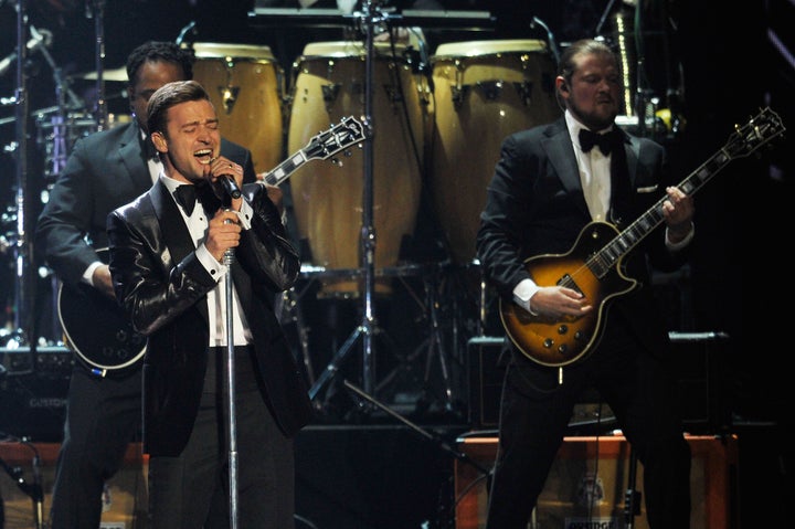 LONDON, ENGLAND - FEBRUARY 20: Justin Timberlake performs on stage during the Brit Awards 2013 at the 02 Arena on February 20, 2013 in London, England. (Photo by Matt Kent/Getty Images)