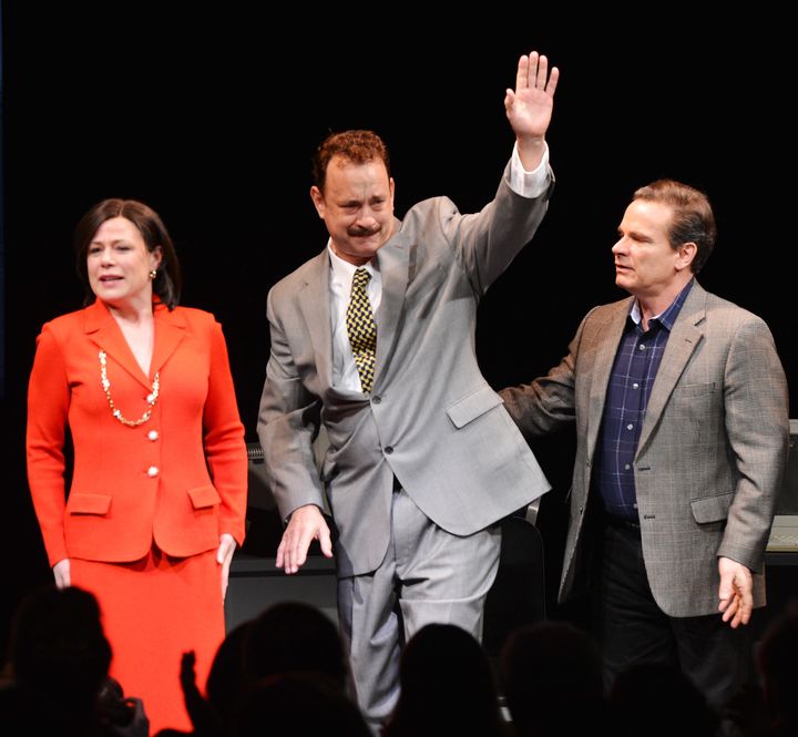 NEW YORK, NY - APRIL 01: Actors Maura Tierney, Tom Hanks, and Peter Scolari attend the curtain call for the 'Lucky Guy' Broadway opening night at The Broadhurst Theatre on April 1, 2013 in New York City. (Photo by Stephen Lovekin/Getty Images)
