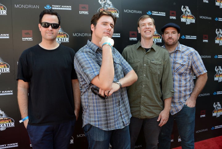 BEVERLY HILLS, CA - OCTOBER 07: (L-R) Musicians Tom Linton, Jim Adkins, Rick Burch and Zach Lind of the band Jimmy Eat World arrive at the 9th Annual Stand Up For Skateparks Benefiting The Tony Hawk Foundation at a private residence on October 7, 2012 in Beverly Hills, California. (Photo by Amanda Edwards/Getty Images)