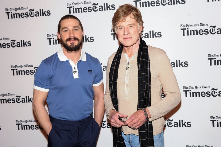 NEW YORK, NY - APRIL 02: Actor/ director Robert Redford (R) and actor Shia LaBeouf attend TimesTalks Presents: 'The Company
