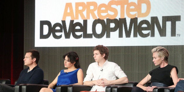 PASADENA, CA - JANUARY 09: (L-R) Actor Jason Bateman, actress Alia Shawkat, actor Michael Cera, and actress Portia de Rossi of the television show 'Arrested Development' speak during The Netflix Network portion of the 2013 Winter Television Critics Association Press Tour at the Langham Hotel and Spa on January 9, 2013 in Pasadena, California. (Photo by Frederick M. Brown/Getty Images)