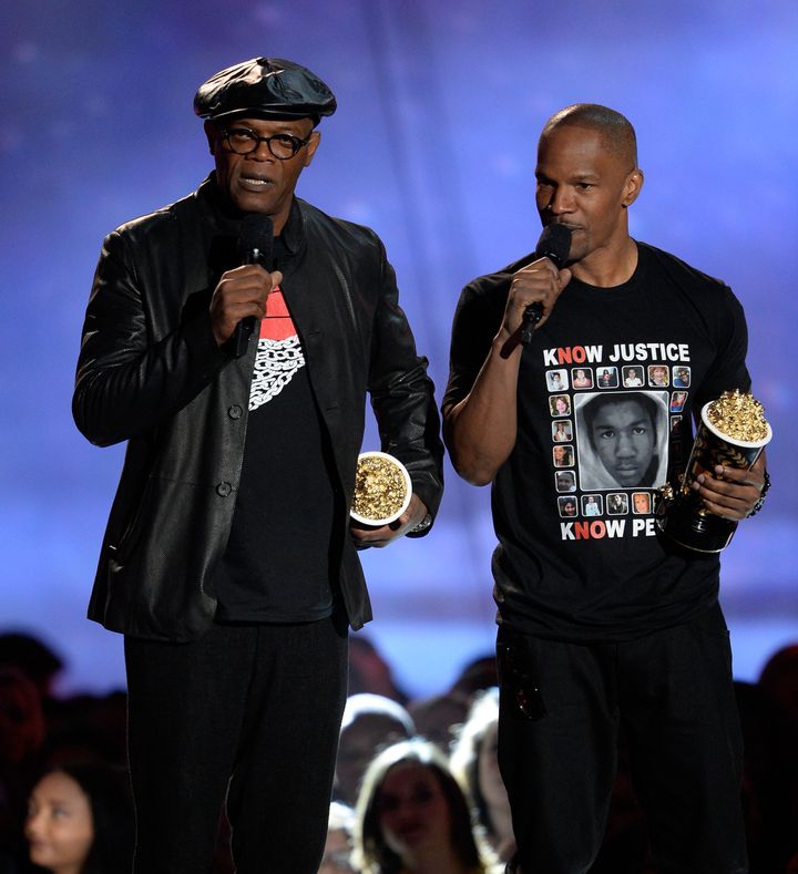 CULVER CITY, CA - APRIL 14: Actors Samuel L. Jackson (L) and Jamie Foxx accept the WTF Moment award onstage during the 2013 MTV Movie Awards at Sony Pictures Studios on April 14, 2013 in Culver City, California. (Photo by Kevork Djansezian/Getty Images)