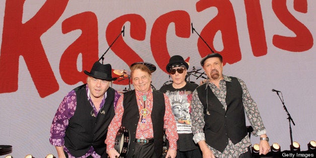 NEW YORK, NY - APRIL 15: (L-R) Gene Cornish, Eddie Brigati, Dino Danelli and Felix Cavaliere of The Rascals attend 'The Rasc