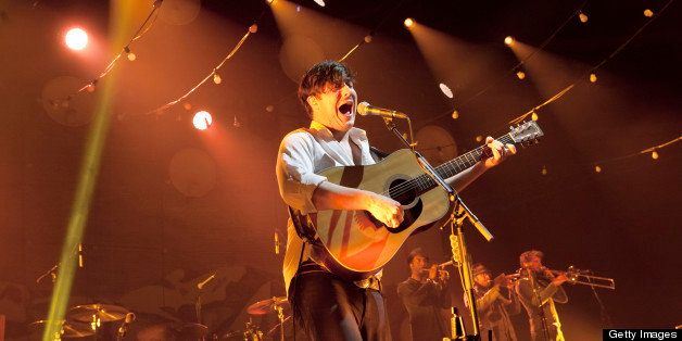 BERLIN, GERMANY - APRIL 02: British singer Marcus Mumford of Mumford & Sons performs live during a concert at the Velodrom on April 2, 2013 in Berlin, Germany. (Photo by Frank Hoensch/Redferns via Getty Images)