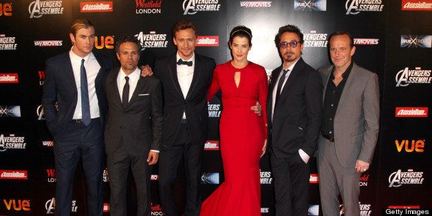 LONDON, ENGLAND - APRIL 19: L- R Chris Hemsworth, Mark Ruffalo, Tom Hiddleston, Cobie Smulders, Robert Downey Jr and Clark Gregg attend the European premiere of Marvel's 'Avengers Ensemble' at The Vue Westfield on April 19, 2012 in London, England. (Photo by Dave J Hogan/Getty Images)