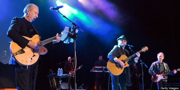LOS ANGELES, CA - NOVEMBER 10: (L-R) Michael Nesmith, Micky Dolenz and Peter Tork of The Monkees perform at The Greek Theatre on November 10, 2012 in Los Angeles, California. (Photo by Noel Vasquez/Getty Images)