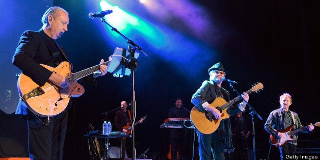 LOS ANGELES, CA - NOVEMBER 10: (L-R) Michael Nesmith, Micky Dolenz and Peter Tork of The Monkees perform at The Greek Theatr