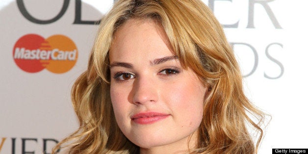 LONDON, ENGLAND - APRIL 28: Lily James poses in the press room at The Laurence Olivier Awards at The Royal Opera House on April 28, 2013 in London, England. (Photo by Mike Marsland/WireImage)