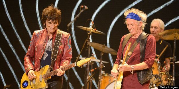 LOS ANGELES, CA - MAY 03: Ronnie Wood and Keith Richards perform on stage during the Rolling Stones '50 & Counting' tour opener at Staples Center on May 3, 2013 in Los Angeles, California. (Photo by Kevin Mazur/WireImage)
