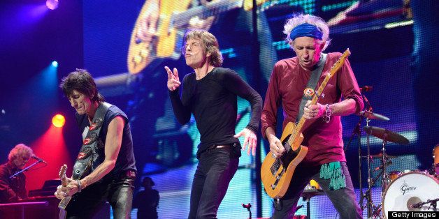 LOS ANGELES, CA - MAY 03: (Exclusive Coverage) Ronnie Wood, Mick Jagger and Keith Richards perform on stage during the Rolling Stones '50 & Counting' tour opener at Staples Center on May 3, 2013 in Los Angeles, California. (Photo by Kevin Mazur/WireImage)