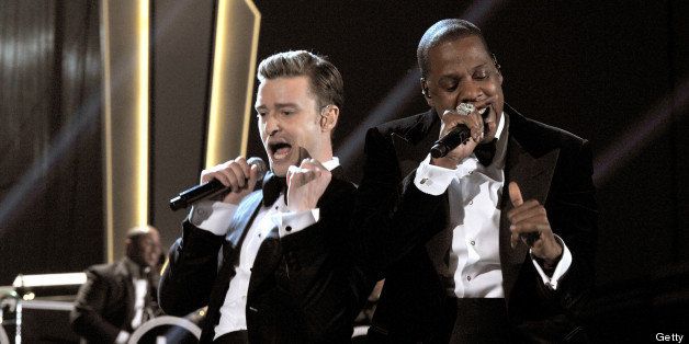 LOS ANGELES, CA - FEBRUARY 10: Singers Justin Timberlake (L) and Jay-Z on stage during the 55th Annual GRAMMY Awards at STAPLES Center on February 10, 2013 in Los Angeles, California. (Photo by Lester Cohen/WireImage)