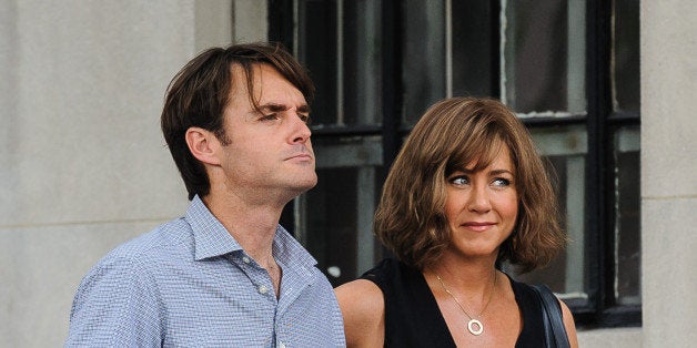 NEW YORK, NY - JULY 17: Will Forte and Jennifer Aniston as seen on July 17, 2013 on the set of 'Squirrels To Nuts' in New York City. (Photo by ESBP/Star Max/FilmMagic)