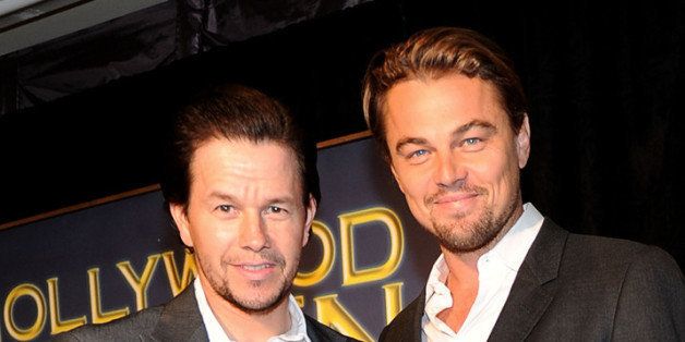 BEVERLY HILLS, CA - AUGUST 04: Actors Mark Wahlberg and Leonardo DiCaprio pose onstage during the Presentation of Grants at the Hollywood Foreign Press Association's 2011 Installation Luncheon at Beverly Hills Hotel on August 4, 2011 in Beverly Hills, California. (Photo by Frazer Harrison/Getty Images)