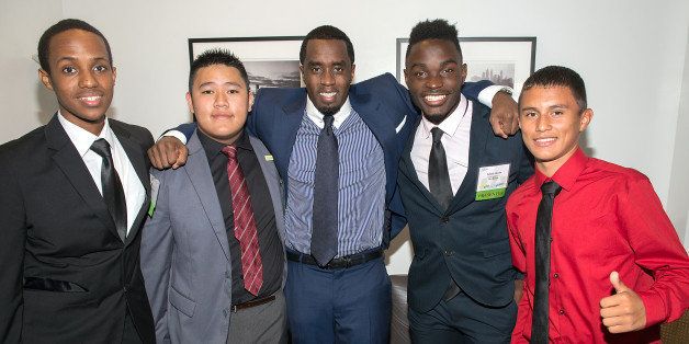 NEW YORK, NY - OCTOBER 03: Finalists Dagim Girma and Juny Nguyen, Rapper/Entrepreneur Sean 'Diddy' Combs, and Finalists Toheeb Okenla, and Jesus Fernandez attend the 2013 National Youth Entrepreneurship Challenge Finals at The Times Center on October 3, 2013 in New York City. (Photo by Mike Pont/Getty Images)