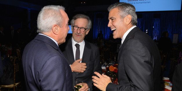 NEW YORK, NY - OCTOBER 03: (EXCLUSIVE COVERAGE) (L-R) Lorne Michaels, Steven Spielberg, and George Clooney attend the USC Shoah Foundation Institute 2013 Ambassadors for Humanity gala at the American Museum of Natural History on October 3, 2013 in New York, New York. (Photo by Larry Busacca/Getty Images for the USC Shoah Foundation Institute)