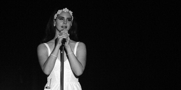 TURIN, ITALY - MAY 03: (EDITORS NOTE: Image has been converted to black and white.) Singer Lana Del Rey performs on stage at