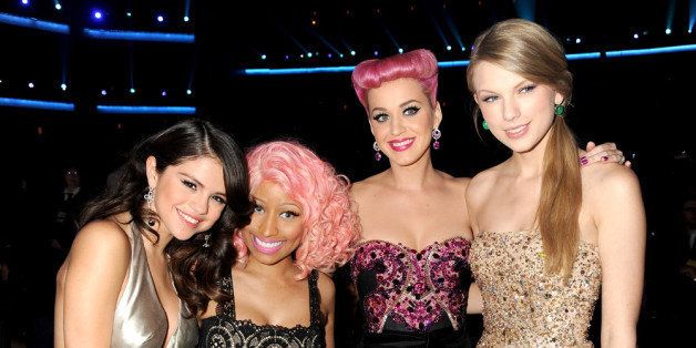 LOS ANGELES, CA - NOVEMBER 20: Selena Gomez, Nicki Minaj, Katy Perry and Taylor Swift in the audience at the 2011 American Music Awards at the Nokia Theatre L.A. LIVE on November 20, 2011 in Los Angeles, California. (Photo by Jeff Kravitz/AMA2011/FilmMagic)