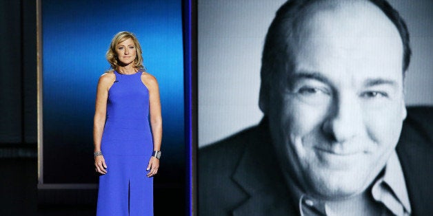 LOS ANGELES, CA - SEPTEMBER 22: Actress Edie Falco pays tribute to the late James Gandolfini onstage during the 65th Annual Primetime Emmy Awards held at Nokia Theatre L.A. Live on September 22, 2013 in Los Angeles, California. (Photo by Michael Tran/FilmMagic)