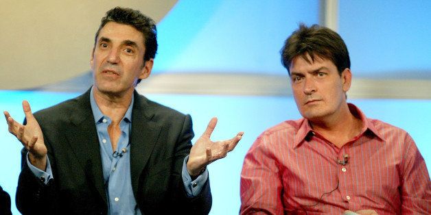 BEVERLY HILLS, CA - JULY 20: Executive Producer Chuck Lorre (L) and actor Charlie Sheen attend the panel discussion for 'Two And A Half Men' during the CBS 2005 Television Critics Association Summer Press Tour at the Beverly Hilton Hotel on July 20, 2005 in Beverly Hills, California. (Photo by Frederick M. Brown/Getty Images)