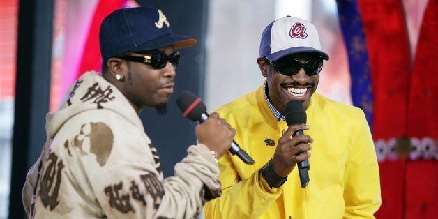 NEW YORK - AUGUST 22: (U.S. TABS OUT) Actor/rappers Antwan A. (Big Boi) Patton (L) and Andre (Andre 3000) Benjamin of Outkast appear onstage during MTV's Total Request Live at the MTV Times Square Studios on August 22, 2006 in New York City. (Photo by Scott Gries/Getty Images)