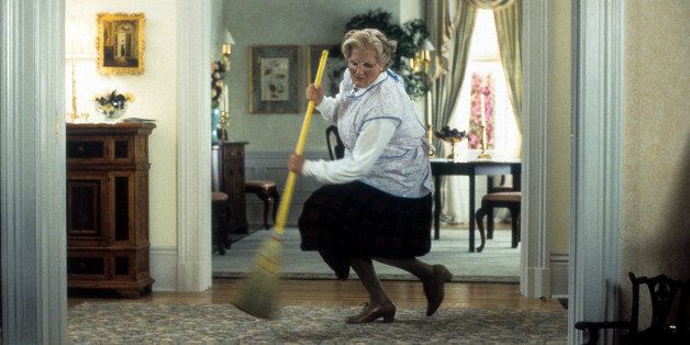 Robin Williams brooms in a scene from the film 'Mrs. Doubtfire', 1993. (Photo by 20th Century-Fox/Getty Images)