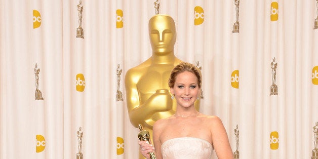 HOLLYWOOD, CA - FEBRUARY 24: Actress Jennifer Lawrence, winner of the Best Actress award for 'Silver Linings Playbook,' poses in the press room during the Oscars held at Loews Hollywood Hotel on February 24, 2013 in Hollywood, California. (Photo by Jason Merritt/Getty Images)