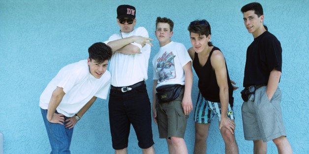 UNITED STATES - MAY 12: Photo of NEW KIDS ON THE BLOCK and Jonathan KNIGHT and Donnie WAHLBERG and Jordan KNIGHT and Joey McINTYRE and Danny WOOD; Posed group portrait L-R Jordan Knight, Donnie Wahlberg, Joey McIntyre, Jonathan Knight and Danny Wood (Photo by Ebet Roberts/Redferns)