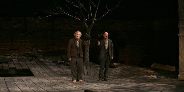 NEW YORK, NY - NOVEMBER 24: Ian McKellen and Patrick Stewart during the Opening Night Curtain Call for 'Waiting For Godot' at the Cort Theatre on November 24, 2013 in New York City. (Photo by Walter McBride/WireImage)