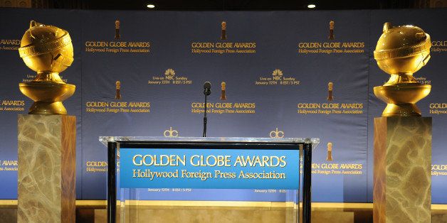 The stage is seen at the 71th Annual Golden Globes Awards nominations event, December 12, 2013 at the Beverly Hilton Hotel in Beverly Hills, California. The 2014 Golden Globes take place on Sunday 12 January. Historical drama '12 Years a Slave' and crime film 'American Hustle' won most nominations for the Golden Globes with seven nods each Thursday, as Hollywood's awards season gets into full swing. In a crowded field of hotly-tipped movies, black and white road movie 'Nebraska' came next with five nominations for the Globes, to be handed out next month in Beverly Hills. AFP PHOTO / Robyn Beck (Photo credit should read ROBYN BECK/AFP/Getty Images)