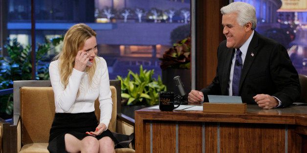 THE TONIGHT SHOW WITH JAY LENO -- Episode 4591 -- Pictured: (l-r) Actress Leslie Mann during an interview with host Jay Leno on January 9, 2014 -- (Photo by: Paul Drinkwater/NBC/NBCU Photo Bank via Getty Images)