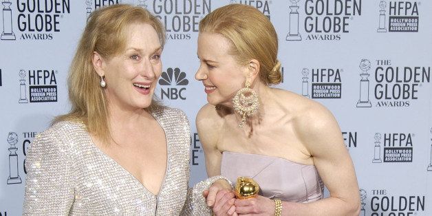 BEVERLY HILLS, CA - JANUARY 19: Actresses Meryl Streep and Nicole Kidman pose backstage during the 60th Annual Golden Globe Awards at the Beverly Hilton Hotel on January 19, 2003 in Beverly Hills, California. (Photo by Robert Mora/Getty Images)