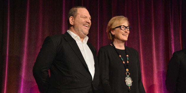 NEW YORK, NY - NOVEMBER 28: Harvey Weinstein and Meryl Streep on stage at the Christopher & Dana Reeve Foundation's A Magical Evening Gala at Cipriani, Wall Street on November 28, 2012 in New York City. (Photo by Mike Coppola/Getty Images for Christopher & Dana Reeve Foundation)