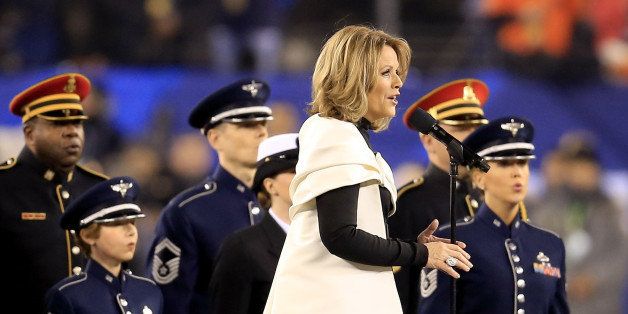 EAST RUTHERFORD, NJ - FEBRUARY 02: Opera singer Renee Fleming sings the national anthem before the Seattle Seahawks take on the Denver Broncos during Super Bowl XLVIII at MetLife Stadium on February 2, 2014 in East Rutherford, New Jersey. (Photo by Rob Carr/Getty Images)