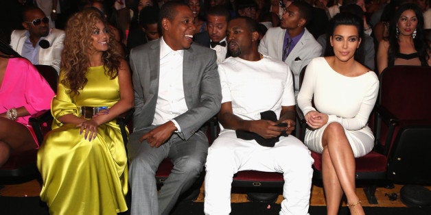 LOS ANGELES, CA - JULY 01: (L-R) Singer Beyonce, rappers Jay-Z and Kanye West and television personality Kim Kardashian attend the 2012 BET Awards at The Shrine Auditorium on July 1, 2012 in Los Angeles, California. (Photo by Christopher Polk/Getty Images For BET)