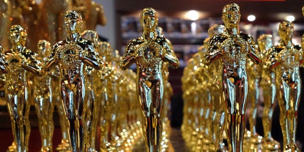 Oscar statuettes are lined up in a local souvenir shop 10 days prior to this year's upcoming Oscars, the 85th Academy Awards,