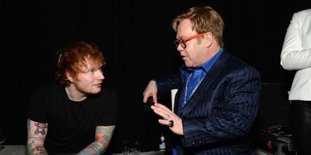 WEST HOLLYWOOD, CA - MARCH 02: Recording artist Ed Sheeran (L) and Sir Elton John attend the 22nd Annual Elton John AIDS Foundation Academy Awards Viewing Party at The City of West Hollywood Park on March 2, 2014 in West Hollywood, California. (Photo by Michael Kovac/Getty Images for EJAF)